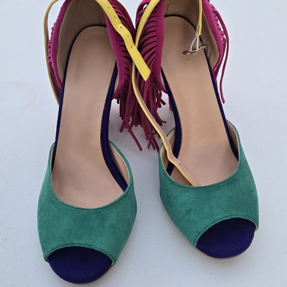 Women’s Green Suede Peep-Toe Heels with Pink Fringe and Yellow Ankle Strap